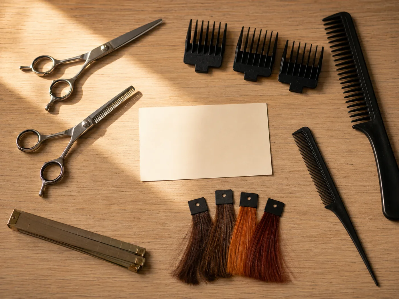 Scissors, clipper guards, colour swatches and a folding rule on a salon counter